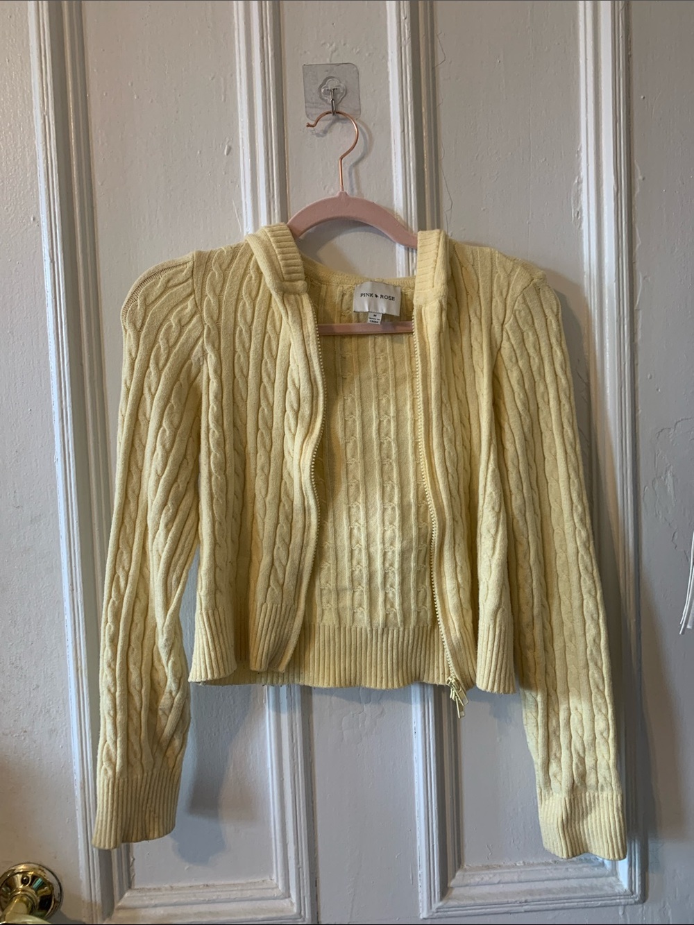 Pink Rose Butter Yellow Cable Knit Zip Cardigan Hoodie